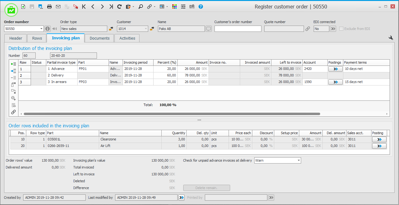 Registration of customer order/quote